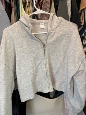 Hollister Light Heather Gray Zip-Up Hooded Cropped Jacket